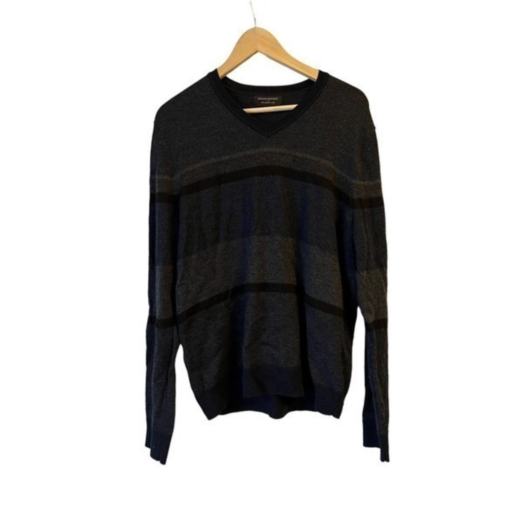 BANANA REPUBLIC Mens 100% MERINO WOOL V-NECK SWEATER Grey Blue‎ Stripe L